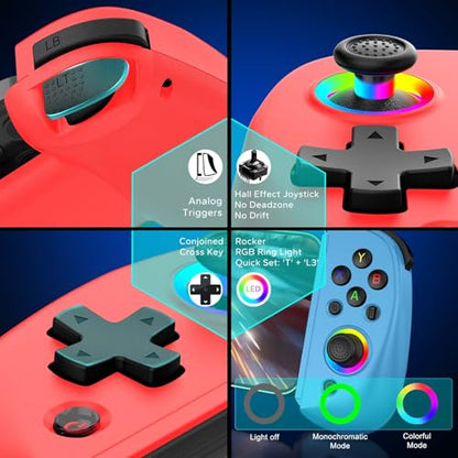 Joso Mobile Gaming Controller for iPhone/iPad/Tablet, Android Wireless Controller with Hall Effects Joysticks, Support PC/Switch, Play Cloud Games/PS Remote Play/COD/Genshin Impact & More - Blue+Red - color: Red+Blue