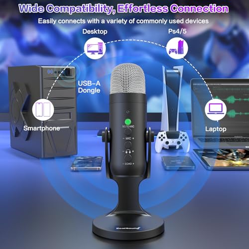 ZealSound Wireless Microphone,USB Mic for iPhone PC iPad Android Phone-Cordless Condenser Desktop Microphones with Mute Echo Monitor Volume Gain 2.4GHz for Podcast,ASMR,Gaming,YouTube Video/K66 Black