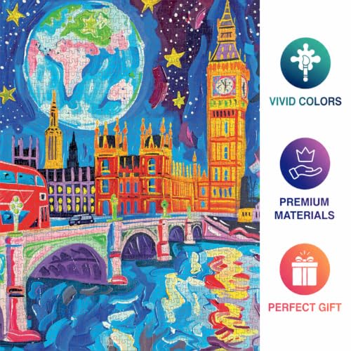 Cross & Glory | Jigsaw Puzzles for Adults | Starry Night in London | Vibrant Art of Big Ben & Red Double Decker | Landscape Puzzles for Adults | 2mm Thick Pieces | Satin Finish | Ages 14+ - color: Starry Night in London