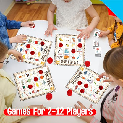 SpriteGru Spanish Bingo Game, 12 Vocabulary Bingo Board Game Bilingual Word Learning Educational Toys for Words Learning - Ages 5 and up (Up to 12 Players) - style: Spanish Bingo Game