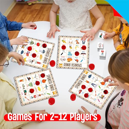 SpriteGru Spanish Bingo Game, 12 Vocabulary Bingo Board Game Bilingual Word Learning Educational Toys for Words Learning - Ages 5 and up (Up to 12 Players) - style: Spanish Bingo Game