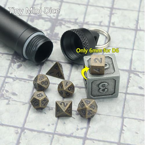 PJOY Mini Dice Set Portable Tiny Keychain DND Dice with D&D Dice Case 7PCS Antique Bronze Small Metal Dice Set for Role Playing Dice Games Compatible with Dungeons and Dragons Gifts - color: Bronze