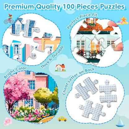 4 Packs 100 Piece Puzzles for Kids Adults, 4 in 1 Jigsaw Puzzles for Kids Ages 6-8 8-10, Beautiful House Large Piece Puzzle for Seniors Learning Educational Children Puzzle 5-8 for Boys and Girls - style: Beautiful House