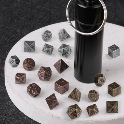 Grevosea 21 Pcs Mini Metal DND Dice Set, Antique Copper Tiny Polyhedral Dice with EDC Keychain Case, Portable Role Playing Game Accessories Gift for D&D Player TTRPG Dungeon Master