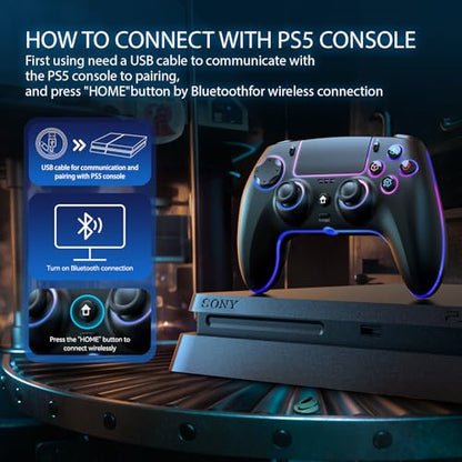 AFMVV Wireless Controller for PS5 with RGB LED,TURBO, Dual Vibration, 6 Axis Gyro Sensor, Touchpad, Ergonomic for Playstation 5 Controller, Compatible with PlayStation 5/PC/Mac/ios/Android/Steam - color: Black