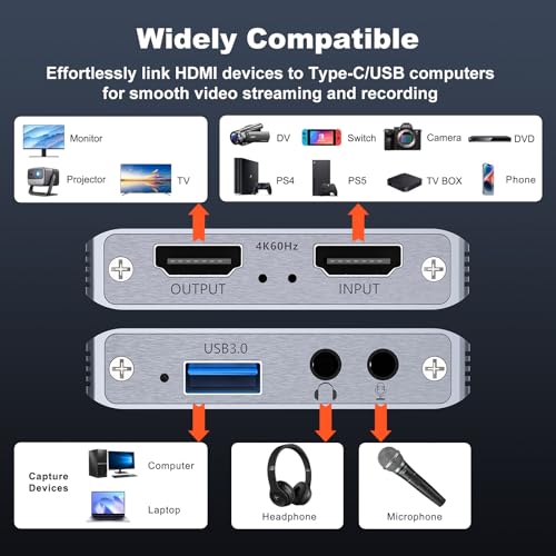 USB 3.0 4K Video Capture Card for PS5/Switch/Xbox/PC | 1080P60Hz/2K30Hz/4K18Hz Capture, 4K60Hz HDMI Loop-Out, High-Speed Interface, OBS Compatible, Near-Zero Latency, Plug & Play