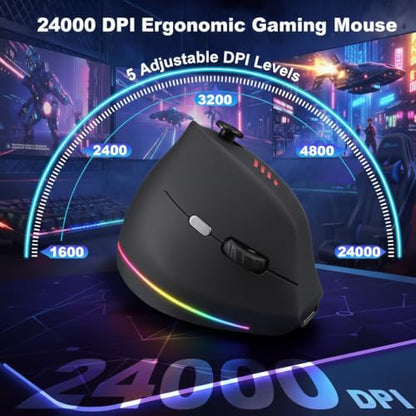 TKMARS Ergonomic Vertical Gaming Mouse with 5-Way Thumb Joystick, Tri-Mode Wireless, 12 Programmable Buttons, Up to 24000 DPI, Rechargeable RGB Mouse for Gaming, Work and Creative Tasks