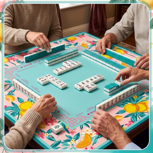 Pink Orange Lemon Mahjong Mat with Rules 31.5" x 31.5" Non-Slip Noise Reduction Gaming Mat with Carrying Bag American Mahjong Table Cover for Poker Board Card Games Dominoes - style: Pink Lemon Summer