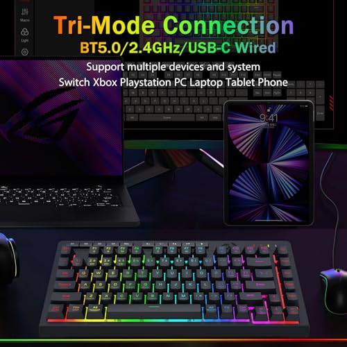 Redragon Wireless Gaming Keyboard, Bluetooth/2.4GHz/USB-C Wired, RGB Backlit, Portable 75% Mini Quiet Macro Membrane Keyboard, Rechargeable 4000mAh Battery, Anti-Ghosting for Win/MAC - color: Black