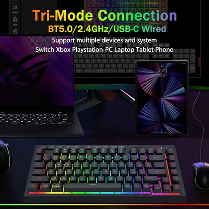 Redragon Wireless Gaming Keyboard, Bluetooth/2.4GHz/USB-C Wired, RGB Backlit, Portable 75% Mini Quiet Macro Membrane Keyboard, Rechargeable 4000mAh Battery, Anti-Ghosting for Win/MAC - color: Black