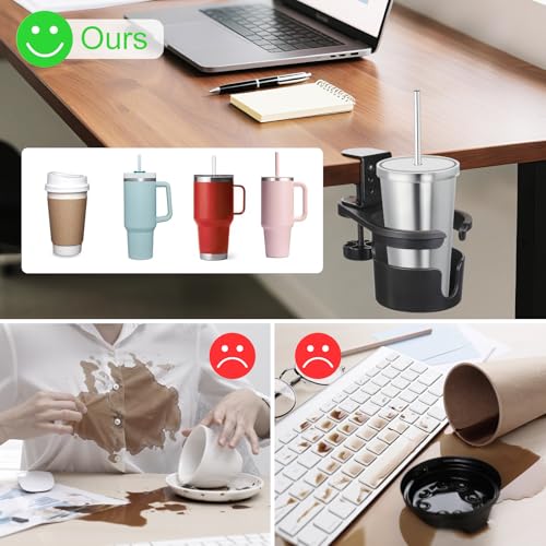 MYITYARD Desk Cup Holder Clamp, Anti-Spill Clip On Table Cup Holder, Rotatable Water Bottle Stand Drink Coffee Mug Storage, Office Accessories for Home and School (Black) - color: Black