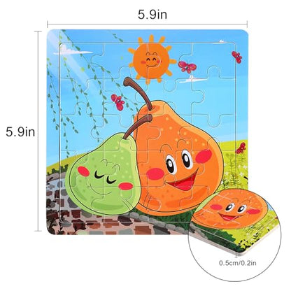 SANNIX 12 Pack Wooden Jigsaw Puzzles for Toddlers 3 4 5 Years Old | Party Favors Animals Jigsaw for Kids, Transportation Educational Puzzles Travel Toy with 12 Organize Bags - style: Fruits