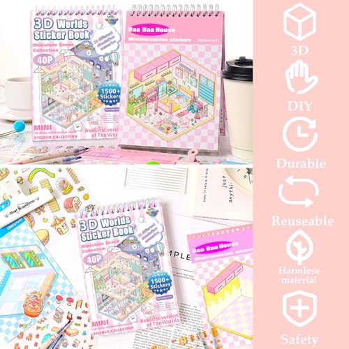 Sticker Book, 20 Scene Sets (1500+) DIY 3D Scene Stickers | Cute Kawaii Stickers for Kids, Mini House & Room Craft Book, Creative Gift for Kids & Adults to Create Fun Arts and Crafts - style: M Simulated Life