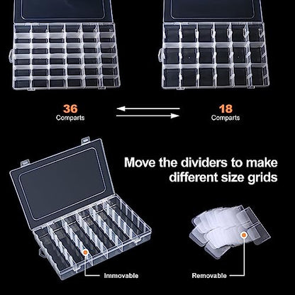Gospire 2PCS 36 Grids Clear Plastic Jewelry Box Organizer Storage Container with Removable Dividers - color: Clear-36 Grids*2