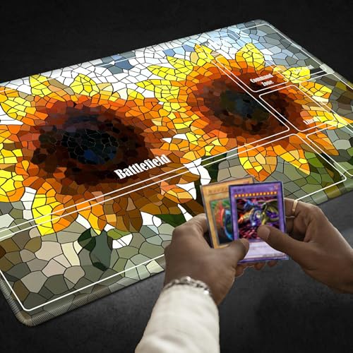 MTG Playmat with Zones, TCG Card Game Play Mat with Stitched Edges, Non-Slip Rubber Base Gaming Desk Mat, Smooth Surface 24 x 14 Inch, Mosaic Sunflowers - color: Mosaic Sunflowers, size: Zone 1