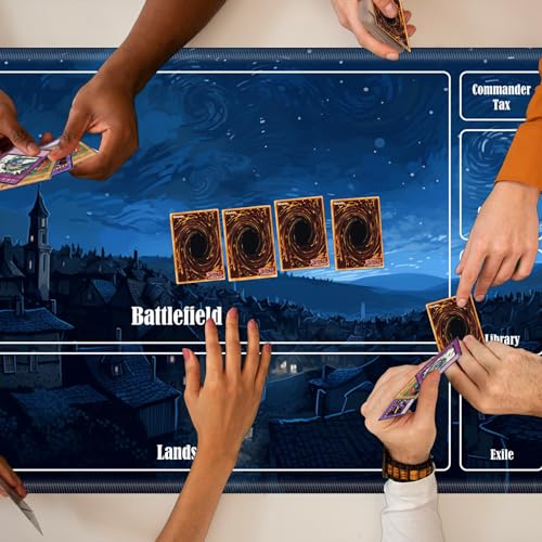 Board Game Mat TCG Playmat Plus 50 Pcs Card Sleeves, 24 x 14 inches Table Mats Games Mousepad with Zones Smooth Surface for MTG RPG CCG Trading Card Game Play Mats, Village Night - color: Village Night, size: Zone 1
