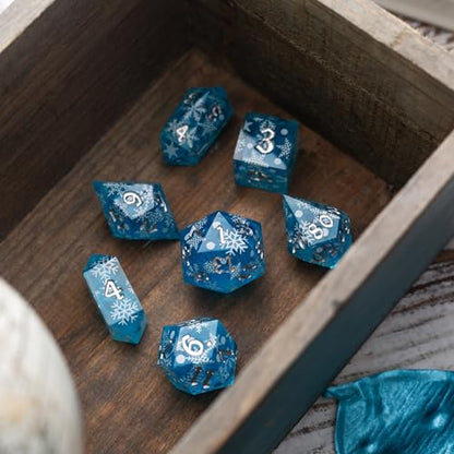Christmas Blue Snowflake Resin DND Dice Set | 7 Pcs Polyhedral RPG Dice Set with Box | Hand Carved Resin RPG Dice for Dungeons & Dragons, Pathfinder, Tabletop Games
