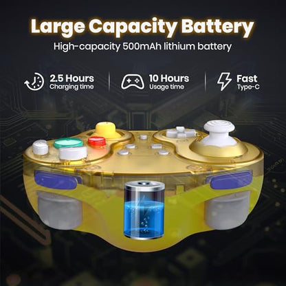 2.4 GHz Wireless GameCube Controller for Switch 1 & 2, NGC, Clear Yellow | (Built-in Vibration) (Rechargeable) (Analog Triggers / Stick) Compatible with Switch Online, Windows PC, macOS - color: Switch & NGC Receiver Transparent Yellow