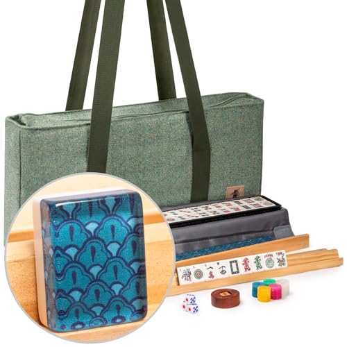 American Mahjong Set, "Atlantica" with Fabric Case, 4 Wooden Pusher Racks, Wind Indicator, Dice & Wright Patterson Count Scoring Coins - color: Ocean Teal