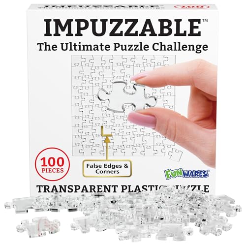 Funwares ImPuzzable Clear Acrylic Puzzle, 100 Pieces, Impossible Jigsaw | False Edges & Corners, Double-Sided Crystal-Clear Pieces, Insanely Hard Brain Teaser, Gag Gift & White Elephant Champ - size: 100 Piece