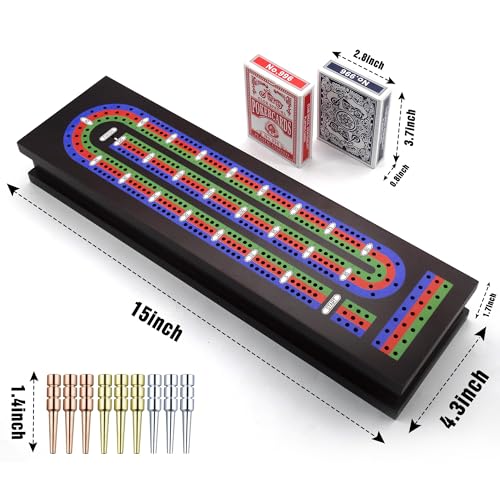 Wooden Cribbage Board Game Set with Metal Pegs and 2 Decks of Playing Cards, Travel Cribbage Board with Card Storage, Magnetic Lock, Classic Continuous 3 Track Cribbage Set for Family