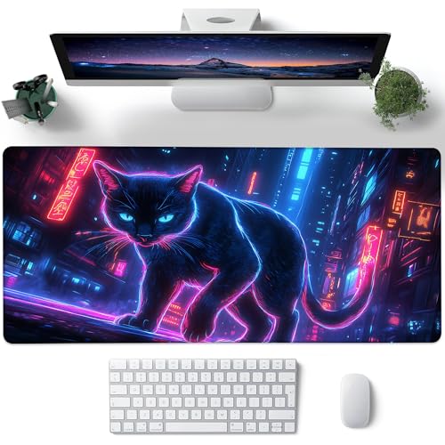 Desk Pad, Neon Cat Prowling Cyberpunk Cityscape XL Gaming Mouse Pad with Stitched Edges,Non-Slip Waterproof Rubber Base Large Desk Mat for Keyboard and Mouse 31.5"x11.8" - color: Colour7, size: 31.5" x 11.8"