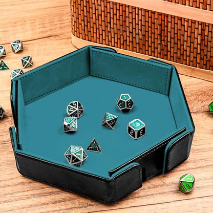 SIQUK Magnetic Folding Dice Tray Hexagon Dice Rolling Tray PU Leather Dice Trays Foldable Dice Holder Dice Rolling Mat Storage Box for D&D RPG Dice Games, Cyan - color: Cyan