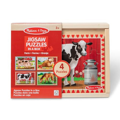 Melissa & Doug 4‑in‑1 Wooden Farm Jigsaw Puzzle Set, 48 Pieces with Storage Box, Toddler Puzzle Toy for Kids Ages 3+ - style: Farm Animals