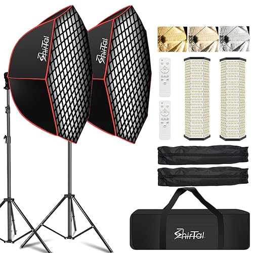 Softbox Photography Lighting Kit,37" Octange Softbox Lighting Kit with Honeycomb Grid 110W 2700K-6500K 11000Lux Dimmable LED Prismatic Lamp and Remote Control, Lighting for Video Recording - color: Black