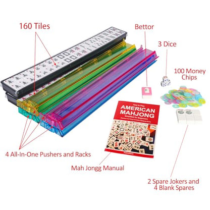Jongyance American Mahjong Game Set, Mahjong Tile Set, Blcak Bag,166 White Tiles, 4 All-in-One Color Rack/Pushers, 100 Chips, 1 Wind Indicator - color: Black