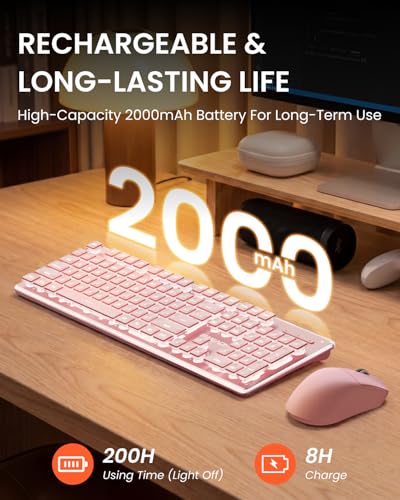 Wireless Keyboard and Mouse Combo with White Backlit Pudding Keycaps, Bluetooth & 2.4G, 2000mAh Rechargeable, Full Size, Metal Panel Quiet Computer Keyboard Set for Windows PC Desktop - Pink - color: Pink