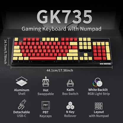 Hexgears GK735 Wired Mechanical Gaming Keyboard, Hot-Swappable Full-Size Keyboard with White Backlit + Surround Side Light Strip, Aluminum Finish, Kailh Clicky Switches (Red-Yellow) - color: Red-Yellow, size: Clicky