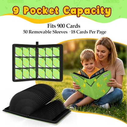 Card Binder for Pokemon Cards, 9 Pocket Trading Card Binder Holds 900 Cards with 50 Removable Sleeves, 3 Ring Zipper Card Holder Album Book Case for TCG, MTG, Sports Cards Collection, Boys Girls - color: Green