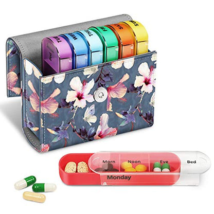 FINPAC Weekly Pill Organizers 4 Times A Day, Slide Open PU Leather Case Travel Pill Vitamin Medicine Reminder and Planner with Name Card for Morning| Afternoon| Evening| Bedtime (Blooming Hibiscus) - color: Blooming Hibiscus