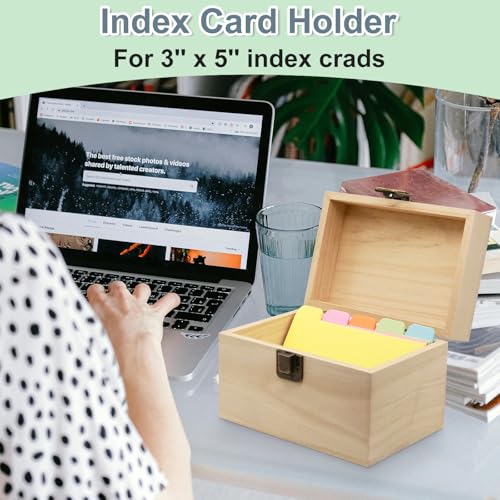 DSYIL Index Card Holder, Wooden Index Card Box, 3 x 5 Flash Cards Holder with 50 Dividers, Recipe Cards Case for Organizing 3 x 5 inches Business Cards and Study Note Cards