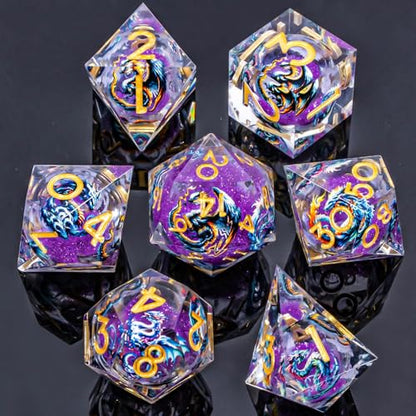 Roycevon Dragon Pattern Liquid Core DND Dice Set, 7Pcs Sharp Edge Dice with Gift Box, Purple Resin Dungeons Dragons D and D Role Playing Dice D20 D12 D10 D8 D6 D4 - color: Purplr Gold