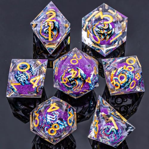 Roycevon Dragon Pattern Liquid Core DND Dice Set, 7Pcs Sharp Edge Dice with Gift Box, Purple Resin Dungeons Dragons D and D Role Playing Dice D20 D12 D10 D8 D6 D4 - color: Purplr Gold