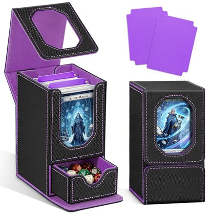 Card Deck Box for MTG Commander, Fits 100+ Double-Sleeved Cards Card Case | with Detachable Dice Tray, 2 Dividers, Removable lid, Trading Card Storage Box, Sturdy and Durable, Fits TCG/PTCG/Sports Card - color: Black and Purple