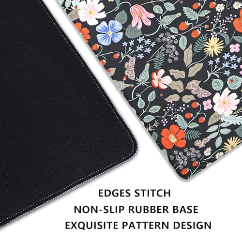 Strawberry Flowers Mouse Pad Desk Pad,Extended Gaming Mouse Mat with Stitched Edges Non-Slip Waterproof Rubber Base Mous Mat for Office,Computer,Keyboard,Laptop and Home Desk Pad(27.5X11.8 in) - color: Flowers and Strawberries