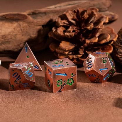 UDIXI Metal DND Dice Set Copper, 7PCS Metal Polyhedral Dice Set for D&D RPG | Green Flower, Metal Case Packaging, Heavy Metal Dice, D&D Gift, for Dungeons and Dragons Role Playing Games Tabletop Games - color: Flower/Copperblue