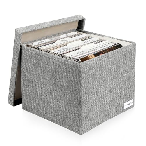 Decorative Photo Storage Box - Linen Photo Box Organizers with Dividers, Fits Holds Up to 800 Photos in 8x10 inch Size, Portable Scrapbook Storage Containers with Lid (Grey) - color: Grey, size: 8*10 inch