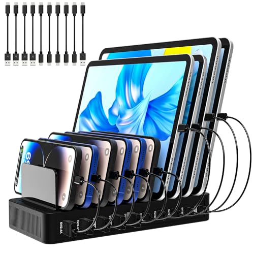 Charging Station for Multiple Devices, 100W 10 Ports Charging Dock with 10 Cables Smart IC Tech and Adjustable Dividers Type-C，Multi USB Charger for iPhone Galaxy iPad Tablet，Black - color: 100W10Port Black(Short Cables included)