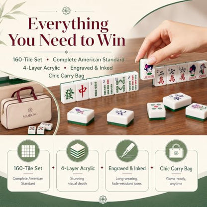 4 Layer Mahjong Tiles, 160 Pcs Premium Acrylic American Mahjong Set with Dice Bag, 13 Styles Available Clear Engraved Western Game for Adults Home Travel Parties & Social Games (01) - color: 01
