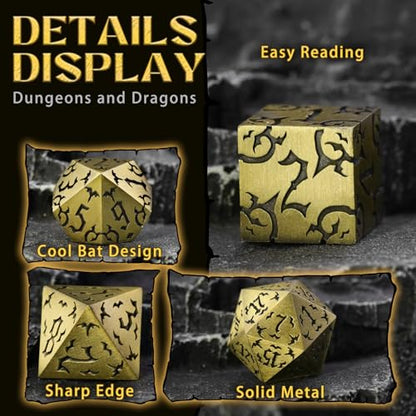 ZHOORQI Metal DND Dice 7Pcs Bat Design Polyhedral Die Set(BF-Bronze) | Sharp Edge D and D Dice for Dungeons and Dragons DM RPGs Gift Gaming Collection - color: Bat-bronze