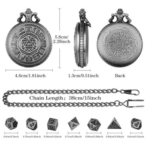 Keller & Weber Mini DND Dice Set, Center Number Dice Pocket Watch Case, 7 Pieces Polyhedral Metal D&D Dice, DND Gift with Gift Box, Role Playing Board Game Accessories, Dark Silver - color: Dark Silver