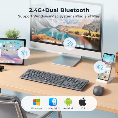 MEETION Wireless Keyboard and Mouse, Silent Bluetooth Keyboard Mouse Set, 2.4G/Bluetooth Full-Sized Computer Keyboard, Gray - color: Gray