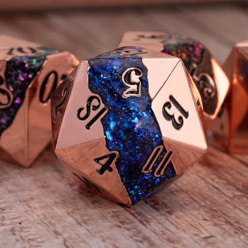 Metal Polyhedral Dice Set, 7PCS RPG Dice with Galaxy Glitter Resin Inlay for Dungeons and Dragons, Pathfinder Tabletop Role Playing Games - color: Seven Colors of Red Copper
