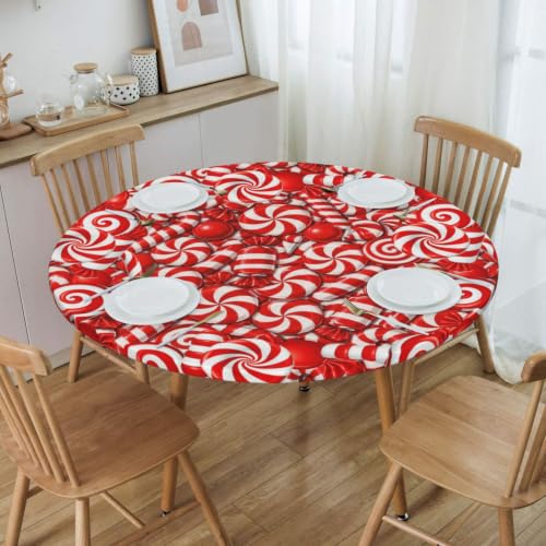 Swirl Candy Christmas Tablecloth Elastic Fitted Table Cloth Round Table Cover Washable Reusable for Kitchen Dining Picnic Party Fit Table 40-44 Inch - color: Swirl Candy S, size: 40" (Round)