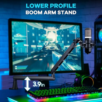 CAHAYA Mic Stand Boom Arm - Low Profile Adjustable Microphone Arm Stand with 3.5" Extension Pole Desk Clamp Screw Adapter for Streaming Gaming Black