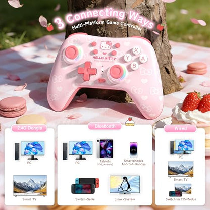 Kuitmor Hello Kitty Switch Pro Controller, Cute Hall Effect Wireless Gamepad No Drift for Switch 2/Switch/OLED/Lite, PC/Steam, Android, iOS, Bluetooth + Wired, Turbo, Back Buttons,6-Aixs Gyro, Wake-up, RGB (Pink, Without 2.4g Receiver) - color: Pink